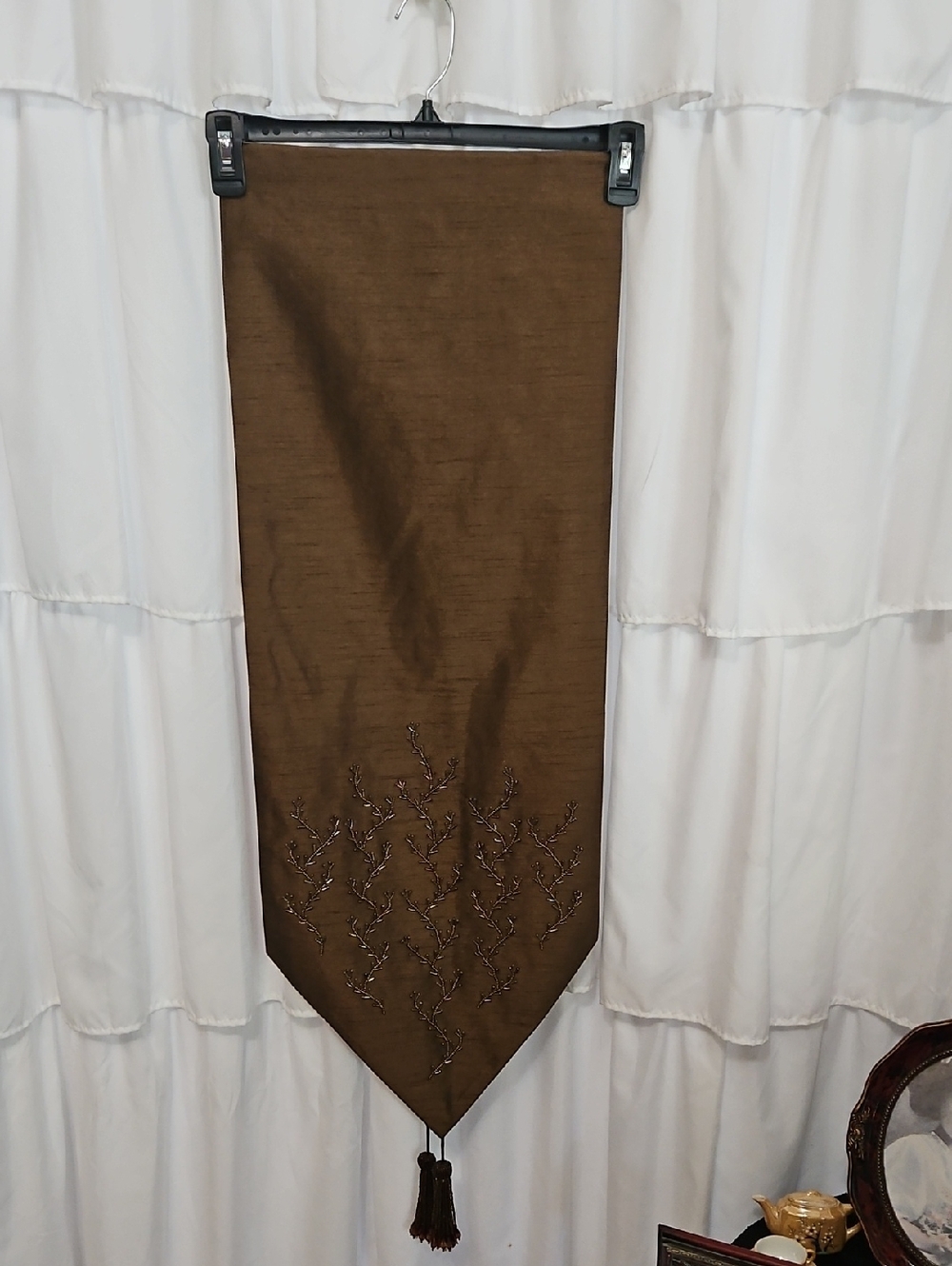 Embroidered Brown Table Runner with Beaded Branch Design - Picture 4 of 6